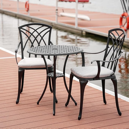 3 Piece Bistro Table Set Cast Aluminum Outdoor Bistro Table and Chairs Set of 2 with Cushion,Patio Bistro Sets with 1.97" Umbrella Hole,Metal Bistro Patio Set for Garden,Black