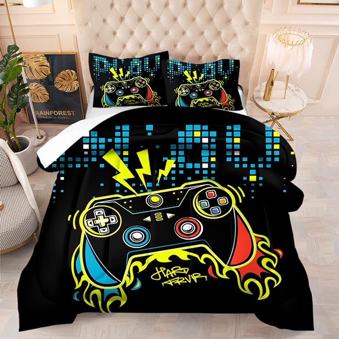 Gamer Bedding Set for Boys Girls Twin Size Game Controller Comforter Sets Kids Gamepad Bedspread for All Season Gaming Theme Bedroom Decor