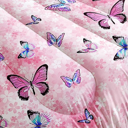 Datura home Kids Comforter Set Girls Pink Flower Butterfly Printed Pattern Quilt Bedding with 1 and 2 Pillowcases for Bedroom All Season(Pink Full) Full 80x90inches