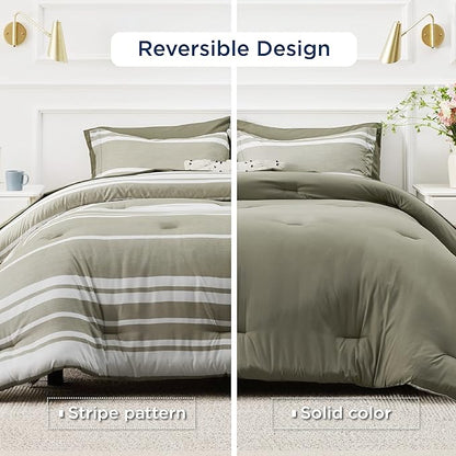Bedsure California King Comforter Set 7 Pieces, Olive Green White Striped Bedding Comforter Sets All Season Bed Set, 2 Pillow Shams, Flat Sheet, Fitted Sheet and 2 Pillowcases