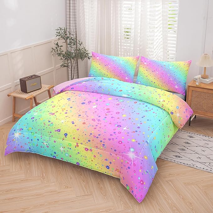 Girls Comforter Set Queen, Rainbow Bedding Set, Galaxy Twinkle Bedding for Kids Teens, Colorful Pastel Bedding Set, 5 pcs Bed in A Bag Queen, Kids Princess Bedding Set for Girls
