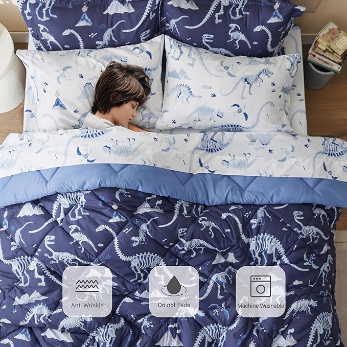Twin Comforter Set for Boys,5 Pieces Dinosaur Kids Bedroom Bedding with Sheets and Pillowcase,Super Soft Lightweight for All Seasons,Blue,Machine Washable