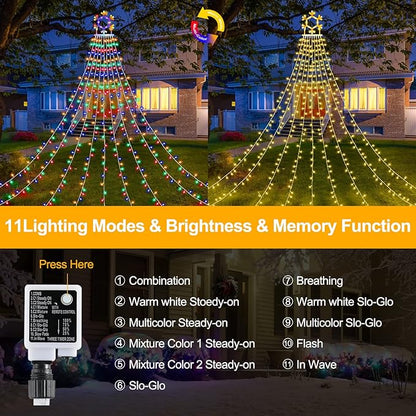 PUHONG Christmas Decorations, 320 LED Outdoor String Lights, Snowflakes Hanging Christmas Tree Topper Lights with 11 Modes for Holiday, Wedding, Party, Yard Decor (Warm White&Multicolored)