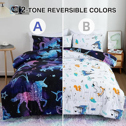 Meeting Story Dinosaur Comforter Set, Fluorescence Gradation Unicorn Twin Comforter Set, 3 PCS 1 Comforter and 2 Pillowcases in One Bag, All Season Bedspread for Kids Teens Adults（Twin）