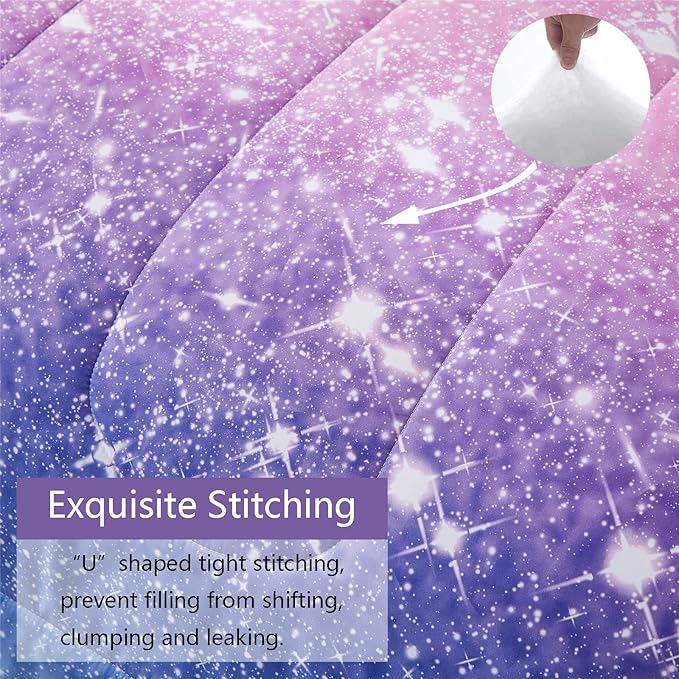 Purple Glitter Comforter Set Full/Queen Size for Girls, Sparkle Galaxy Twinkle for Kids Teen,3 Piece Blue Purple Pink Ombre Pastel Bedding Set 2 Pillow Cases(Purple,Queen),(3-Piece)