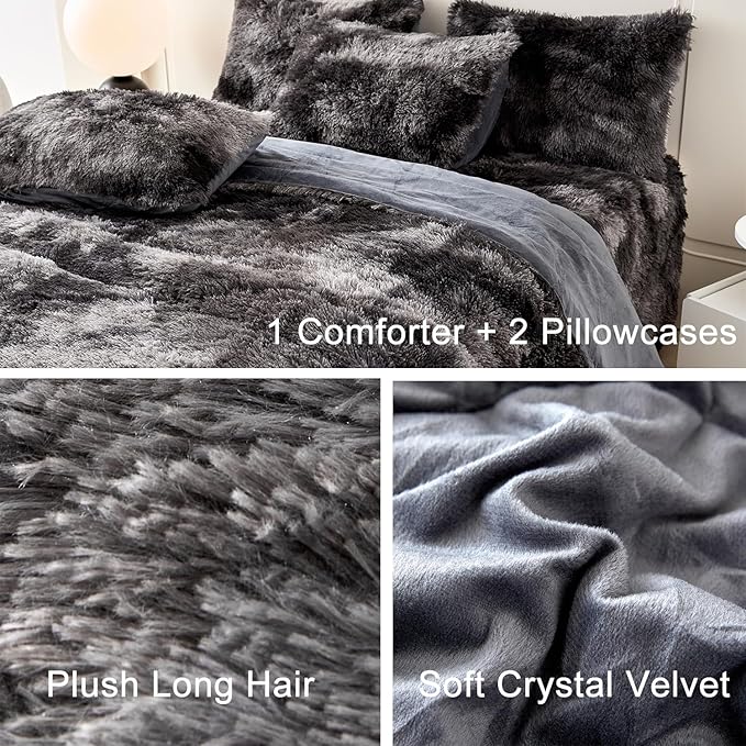 WINLIFE Shaggy Comforter Set Twin Grey for Boys Teens Faux Fur Bedding Sets Flannel Furry Comforter Plush Comforter Sets Gradient Ombre Tie Dye Bed Sets (3Pcs, Twin, Dark Grey)