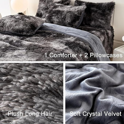 WINLIFE Shaggy Comforter Set Twin Grey for Boys Teens Faux Fur Bedding Sets Flannel Furry Comforter Plush Comforter Sets Gradient Ombre Tie Dye Bed Sets (3Pcs, Twin, Dark Grey)