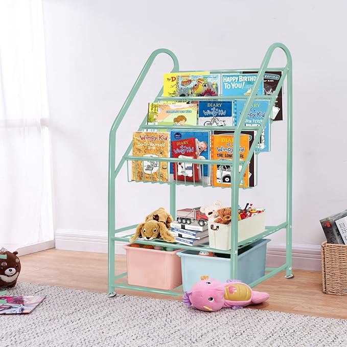 aboxoo Metal Kids Bookshelf Green Bookcase Freestanding for Children Room 24 in Toy Organizer Green Stable Bookcase Bookstore Library Book Unit Storage