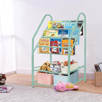 aboxoo Metal Kids Bookshelf Green Bookcase Freestanding for Children Room 24 in Toy Organizer Green Stable Bookcase Bookstore Library Book Unit Storage