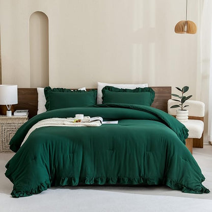 Andency Dark Emerald Green Comforter Set King, 3 Pieces Lightweight Ruffle Bedding Comforter Sets, Farmhouse Ruffle Bed Comforter Set, Lightweight and Soft Bedding Comforter for All Seasons