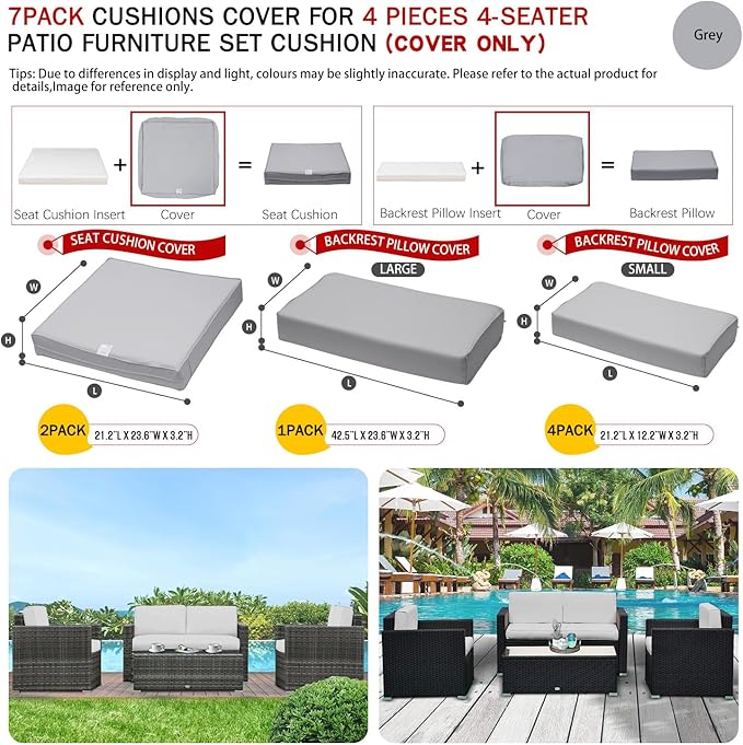 ClawsCover 7Pack Outdoor Seat and Back Cushions Replacement Covers Fits for 4-Seater 4Pieces Wicker Rattan Patio Conversation Set Sectional Couch Chair Furniture,Gray-Include Cover Only