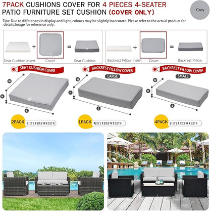 ClawsCover 7Pack Outdoor Seat and Back Cushions Replacement Covers Fits for 4-Seater 4Pieces Wicker Rattan Patio Conversation Set Sectional Couch Chair Furniture,Gray-Include Cover Only