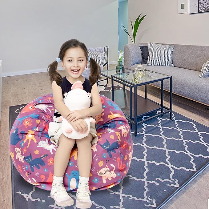 Stuffed Animal Storage Bean Bag Chair Cover, Hold Kids Plush Toys Blankets Towels Beanbag (Cover Only), Canvas Floor Circle Stuff Sit Seat Sofa with YKK Zipper, Large 32", Cat