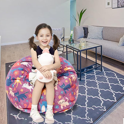 Stuffed Animal Storage Bean Bag Chair Cover, Hold Kids Plush Toys Blankets Towels Beanbag (Cover Only), Canvas Floor Circle Stuff Sit Seat Sofa with YKK Zipper, Large 32", Cat