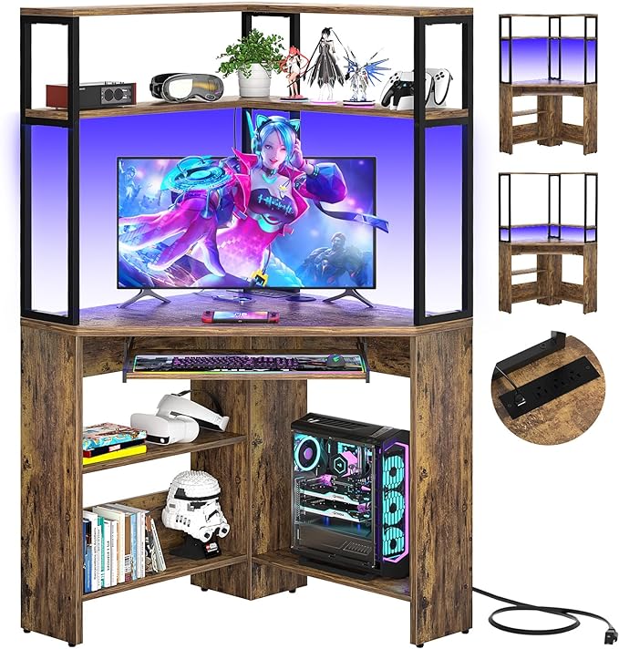 Cyclysio Small Corner Desk with Hutch, Heavy Duty Corner Computer Desk with Power Outlets & LED Light, Triangle Corner Gaming Desk with Keyboard Tray for Home Office, Small Space, Workstation Brown