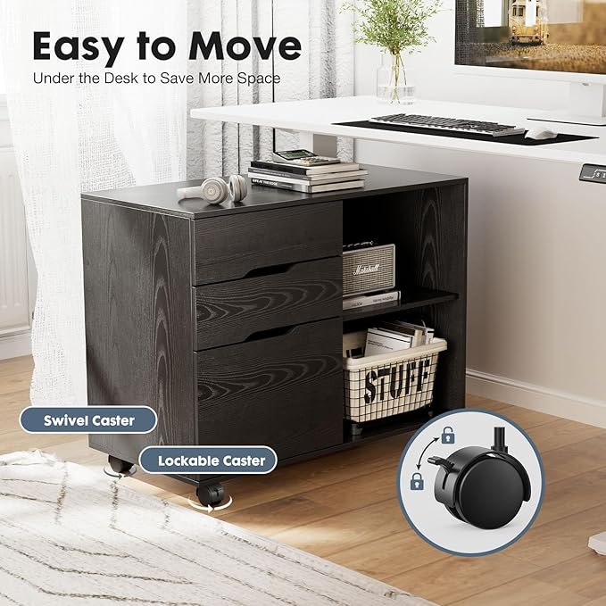 DUMOS Lateral File Cabinet with 3 Drawers Rolling Wooden Printer Stand Under Desk Storage Organizer with 4 Wheels Adjustable Shelf for Office Home, Black