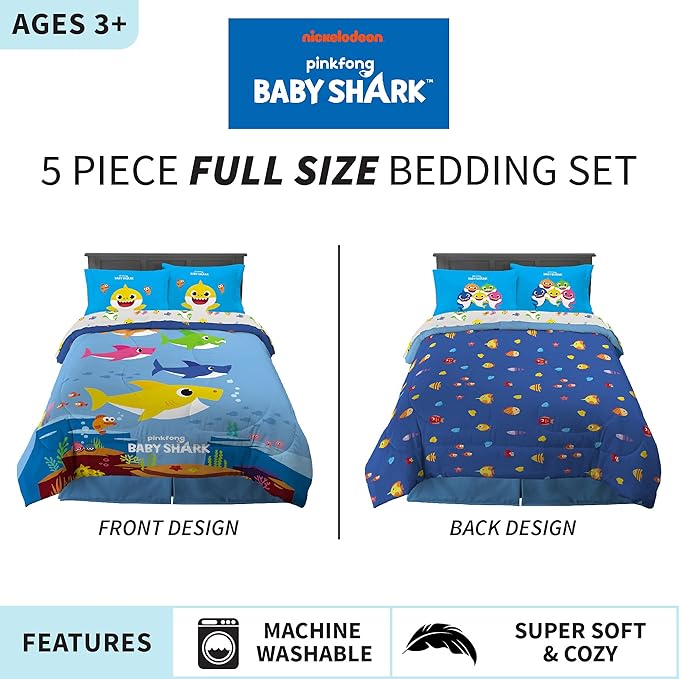 Franco Kids Bedding Super Soft Comforter and Sheet Set, 5 Piece Full Size, Baby Shark