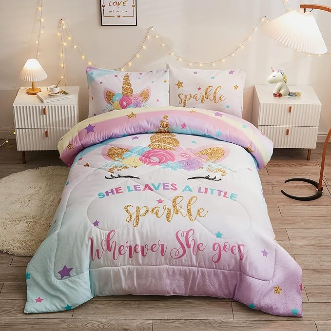 Full Size Comforter Set for Girls, 5-Piece Bed in a Bag, 3D Colorful Unicorn Bedding Comforter Sheet Set, Ultra Soft and Fluffy, Pink & Rainbow Color