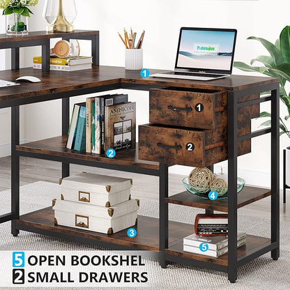 Reversible L-Shaped Computer Desk with hutch & Shelf,rustic
