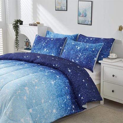 Blue Glitter Comforter Set Twin Size for Boys Girls, Sparkle Galaxy Twinkle Starlight Comforter for Kids Teen, 2 Piece Aqua Blue Navy Ombre Bedding Set with 1 Pillow Case(Blue,Twin)