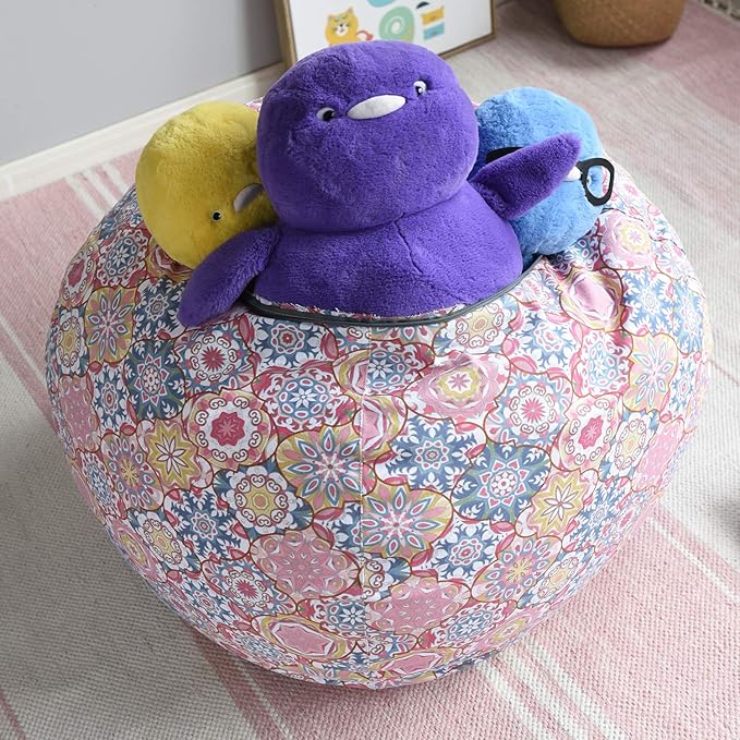 YuppieLife Kids Storage Bean Bag Cover（No Filling） Toy Organizer|Carrying Handle Sofa|Available for Kids and Teenager|Cuddle Chair|Machine Washable and Durable（38“,Pink flowers）