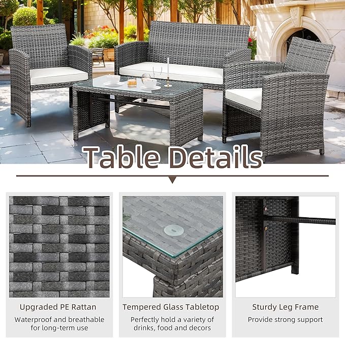 Shintenchi 4-Piece Patio Furniture Set, Outdoor Wicker Patio Conversation Furniture Set with Cushions and Tempered Glass Tabletop for Lawn Backyard Pool Garden,Beige