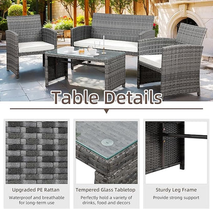 Shintenchi 4-Piece Patio Furniture Set, Outdoor Wicker Patio Conversation Furniture Set with Cushions and Tempered Glass Tabletop for Lawn Backyard Pool Garden,Beige
