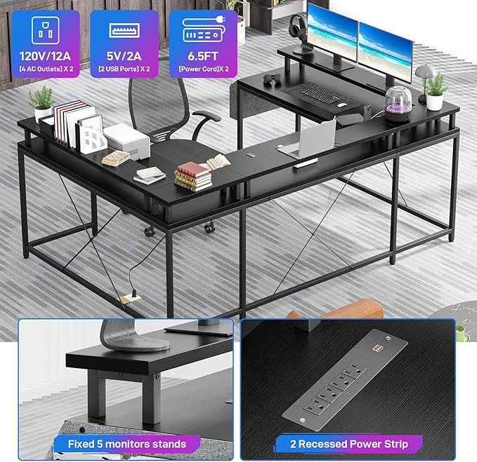 U Shaped Computer Gaming Desk, Reversible L Shaped Desk with Power Outlets, LED Strip & Monitor Stand, Large Corner Desk with Storage Shelves for Home Office, Black