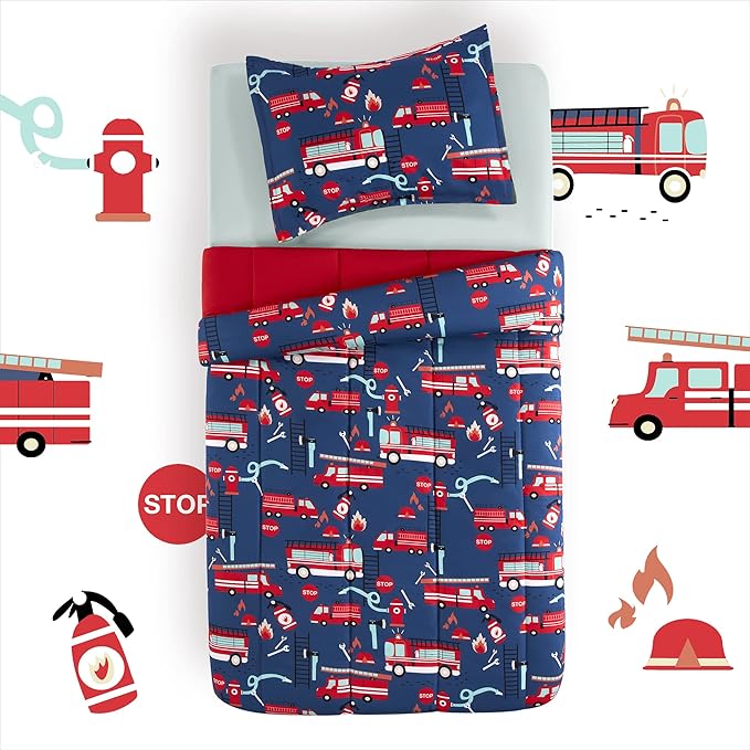 SLEEP ZONE Kids Bedding Comforter Set Full/Queen Size - Super Soft & Cute Printed 3-Piece Comforter Set All Seasons for Boys, Girls, Fade Resistant, Machine Washable, Fire Truck