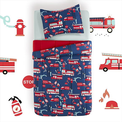 SLEEP ZONE Kids Bedding Comforter Set Full/Queen Size - Super Soft & Cute Printed 3-Piece Comforter Set All Seasons for Boys, Girls, Fade Resistant, Machine Washable, Fire Truck