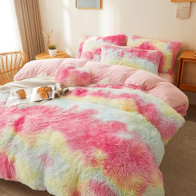 FOPPA Rainbow Plush Comforter Cover Set, 3 Pieces (Queen, Tie-Dye), Ultra Soft Faux Fur Bedding