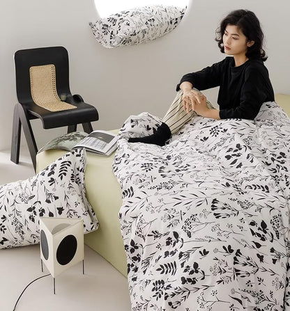 Black Botanical Comforter Set Twin White Black Floral Plant Bedding Comforter Set Girls Garden Pattern Printed on White Blanket Rustic Leaf Blossom Women White Farmhouse Comforter Twin