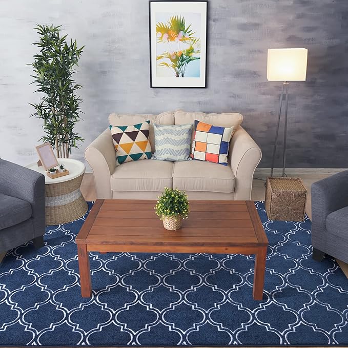 Chicrug Shag Geometric Modern Area Rug for Living Room, 7x10 Feet Large Memory Foam Indoor Carpet, Fluffy Rug for Bedroom Bedside Room Decor for Family Girls Kids Nursery, Navy/White