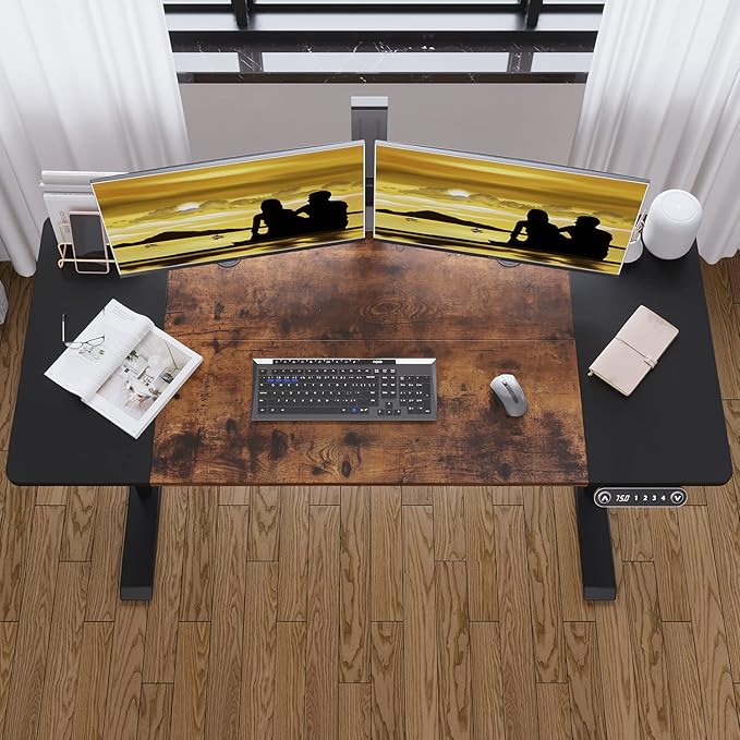 Adjustable Height Electric Standing Desk, 55 x 24 Inch Sit Stand Computer Desk with Lockable Casters, Stand Up Desk Table for Home Office, Black Frame/Rustic Brown + Black Top
