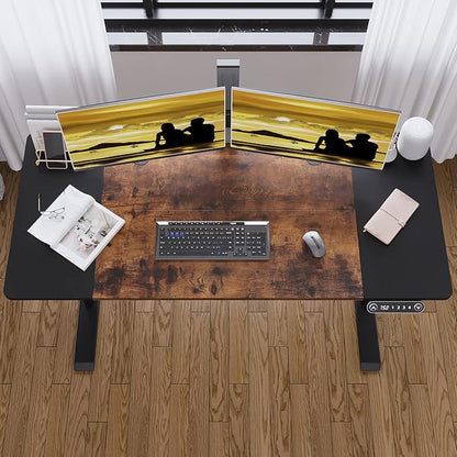 Adjustable Height Electric Standing Desk, 55 x 24 Inch Sit Stand Computer Desk with Lockable Casters, Stand Up Desk Table for Home Office, Black Frame/Rustic Brown + Black Top
