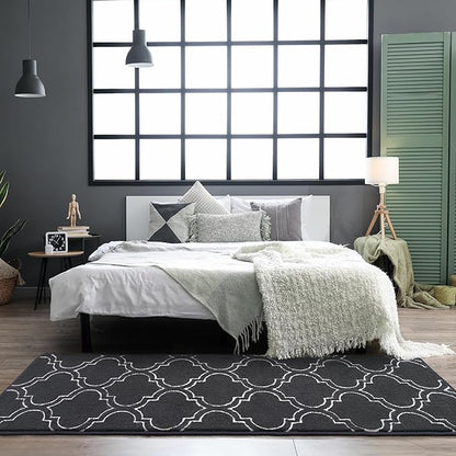Chicrug Shag Geometric Modern Runner Rug for Bedroom, 2x6 Feet Memory Foam Indoor Hallway Runner Carpet, Fluffy Rug for Living Room Bedside Room Decor for Family, Dark Grey/White