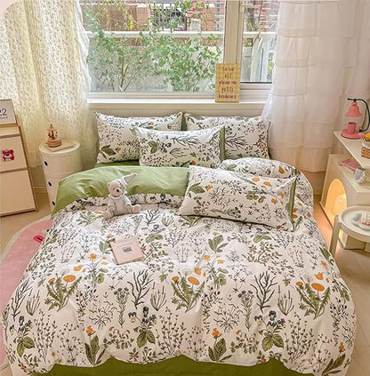 Botanical Comforter Set Twin Cotton White and Green Floral Plant Bedding Set Garden Pattern Printed on White Reversible Blanket 3 PCs 1 White Comforter 2 Pillowcases