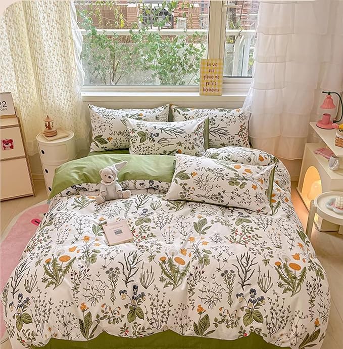 Botanical Comforter Set King White and Sage Green Floral Plant Bedding Set Garden Pattern Printed on White Women Reversible Blanket 3 PCs Girls Breathable White Floral Bed Comforter Set