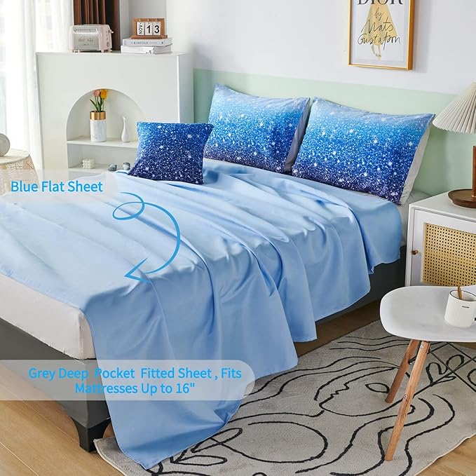 RYNGHIPY 6Pcs Gradient Aqua Blue Navy Ombre Comforter Sets with Sheets Pillowcases, Full Size Sparkle Glitter Design Comforter Bedding Collections for Kids Boys and Girls