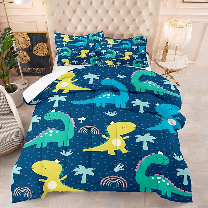 NINENINE Dark Blue Dinosaur Comforter Sets,Full Bedding Sets for Boys,Dinosaur Comforter Sets for Kids,Cartoon Bedding Sets with 1 Comforter 2Pillowcases