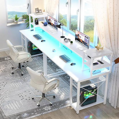 Gaming Desk with Lights & Power Outlets, 47.2' Computer Desk with Shelves, Small Desk for Small Space, Writing Desk with Monitor Stand, White