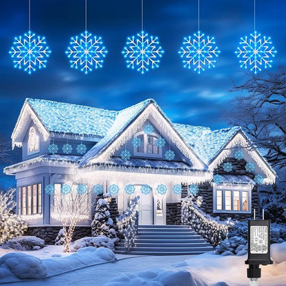 Christmas Snowflake Icicle Lights Outdoor - Plug-in 10.5ft 5 Drops 240LED Snowflake Window Lights with 8 Modes, Hanging Lights for Indoor Outdoor Porch Eaves Rooftops Christmas Decor, Blue and White