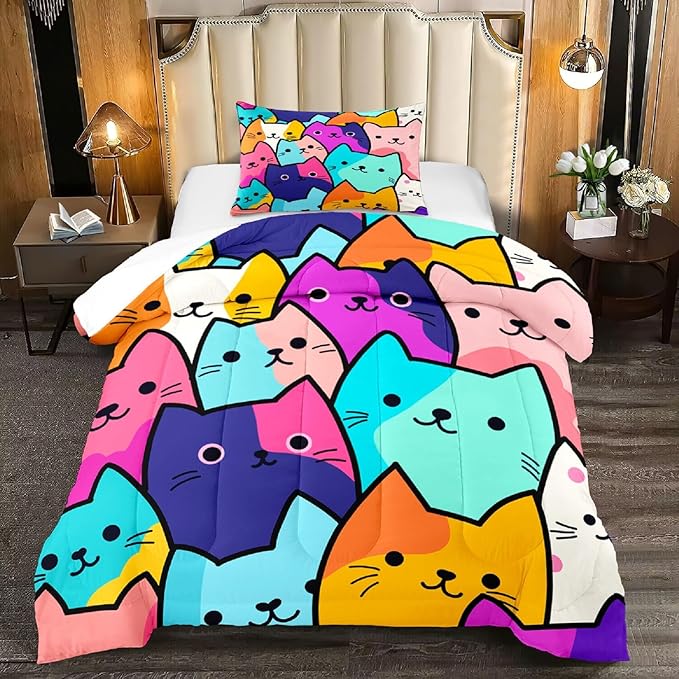 Cat Comforter Set Twin - Twin Size Comforter Set for Girls Cat Kids Cute Cat Bedding Twin Colorful Cartoon Cat Theme Bedding Sets, 1 Comforter+1 Pillowcase