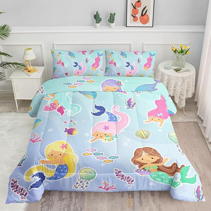 Datura home Girls Mermaid Comforter Set for Girls Women,Kawaii Mermaid Girls Play with Fish Printed Pattern Blue Kawaii Bedding Set with 2 Pillowcases(Girls Twin)