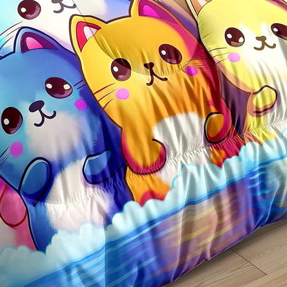 Rainbow Cat Comforter Full Size - Rainbow Cat Bedding for Girls Room Cute Cartoon Rainbow Bedding Full Comforter Sets for Kids, 1 Comforter+2 Pillowcases