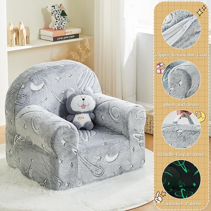 Toddler Chair Kids Plush Chair Sherpa Kids Chairs, Toddler Couch Bean Bag Chairs for Kids Gaming Chair for Kids Glow in The Dark,Starry Sky Grey