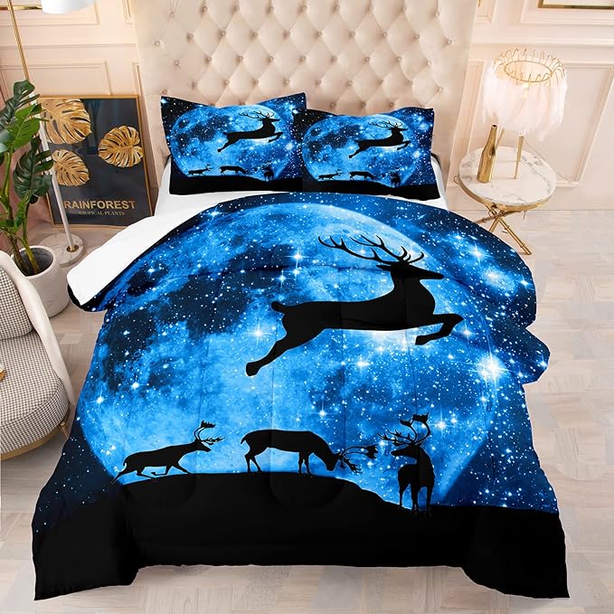 NINENINE Galaxy Deer Comforter Queen Size for Boys Girls Kids,Blue Moonlight Bedding Sets,Outer Space Bedding Set with 1 Comforter 2 Pillowcases