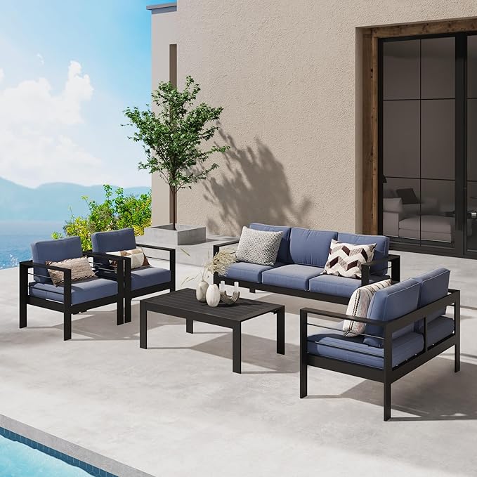Wisteria Lane Aluminum Outdoor Patio Furniture Set, Modern Patio Conversation Sets, Outdoor Sectional Metal Sofa with 5 Inch Cushion and Coffee Table for Balcony, Garden, Black Frame and Blue Cushion