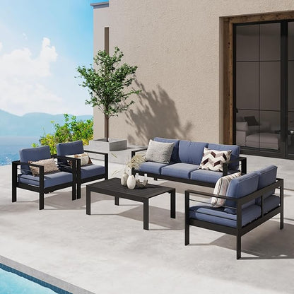 Wisteria Lane Aluminum Outdoor Patio Furniture Set, Modern Patio Conversation Sets, Outdoor Sectional Metal Sofa with 5 Inch Cushion and Coffee Table for Balcony, Garden, Black Frame and Blue Cushion