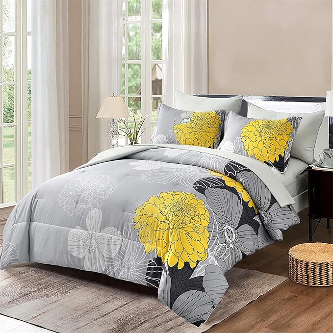 7 Pieces Bed in a Bag Comforter Set Yellow Floral Comforter Flowers Soft Microfiber Bedding Set King Size (1 Comforter 1 Flat Sheet 1 Fitted Sheet 2 Pillowshams 2 Pillowcases)